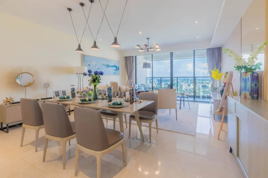 Dining and lounge area with Nairobi skyline view at GTC Residence Westlands