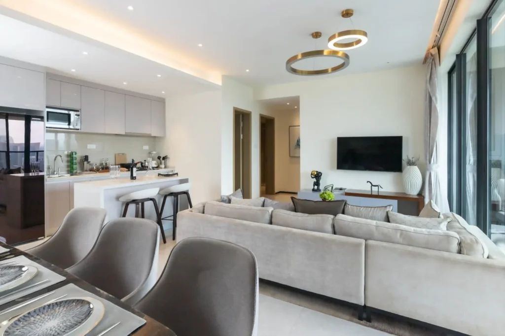 Open-plan living room and kitchen in a 3 bedroom apartment at GTC Residence Westlands Nairobi
