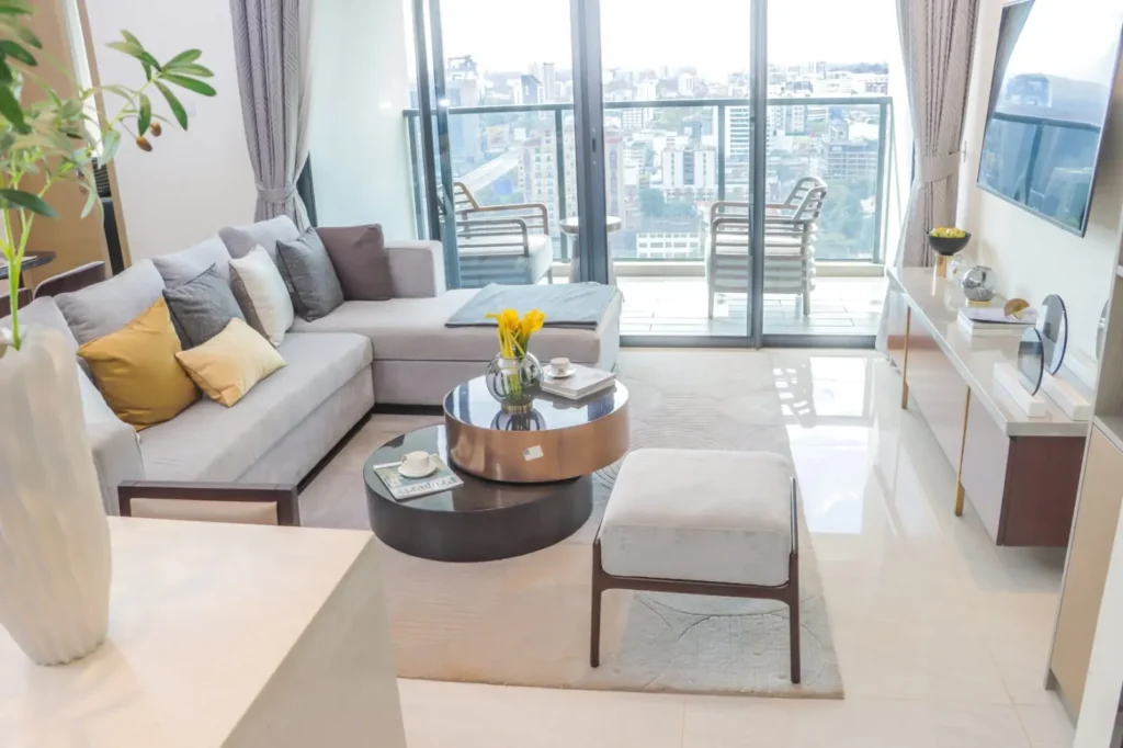 Living room with balcony and city view at GTC Residence apartments Westlands Nairobi