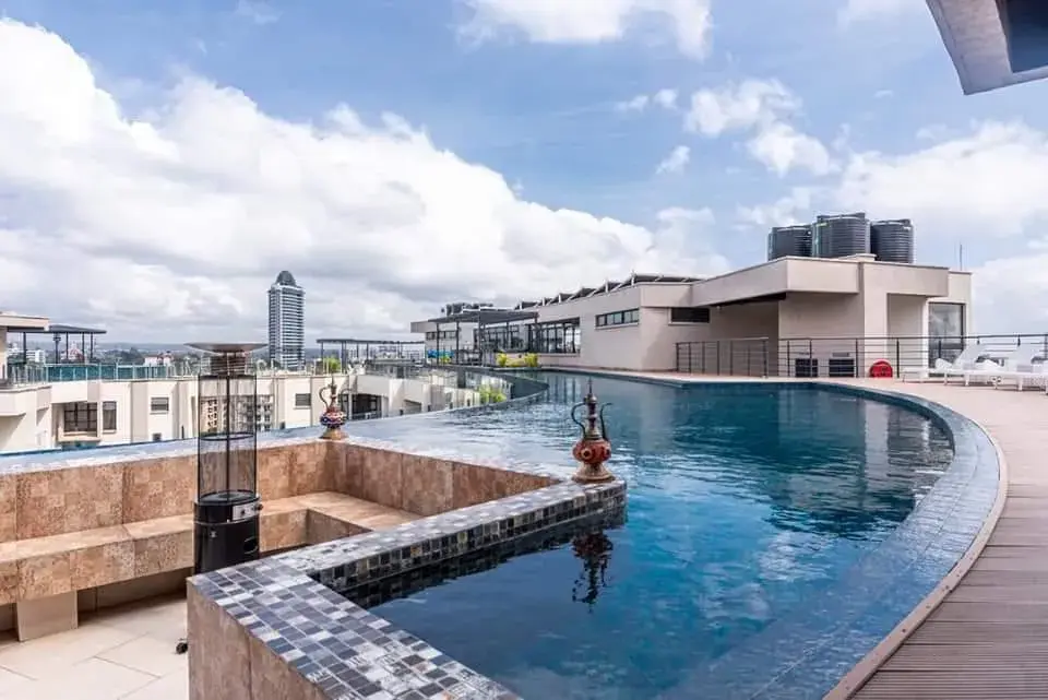 Rooftop infinity pool with panoramic Nairobi skyline views at Rumaisa Residency, Riverside Drive (Embassy Belt).