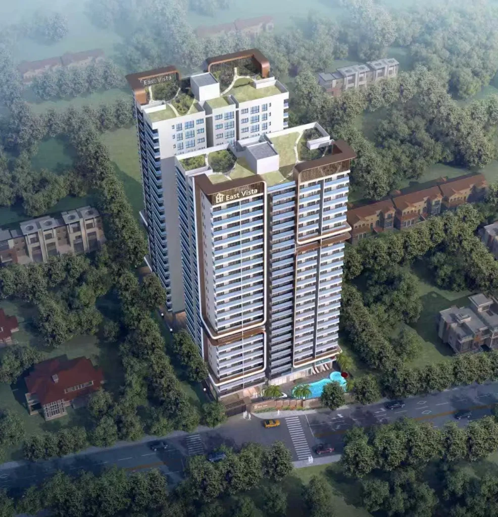 Aerial view of East Vista Residence showing rooftop gardens and swimming pool Nairobi