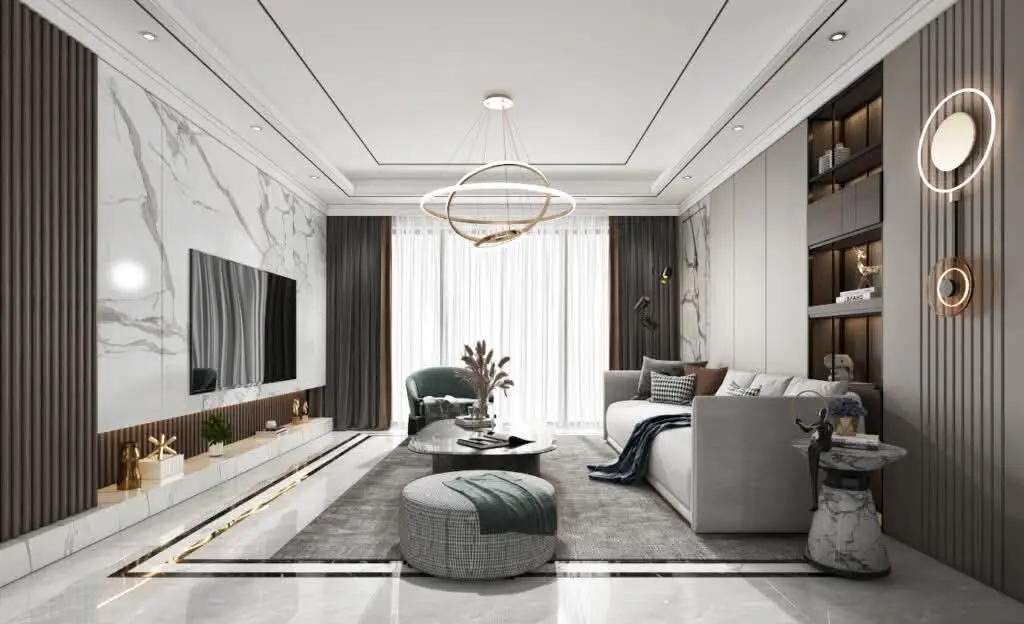 Elegant apartment lounge at Luckinn Ivy Residence featuring marble accents, modern lighting and spacious layout.