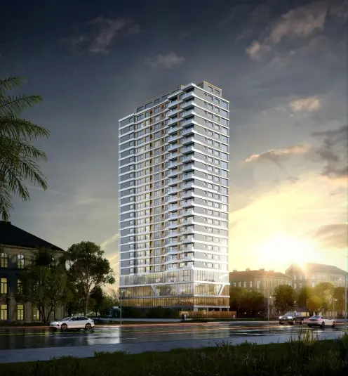 Exterior view of Luckinn Ivy Residence high-rise apartment tower in Parklands Nairobi at sunset.