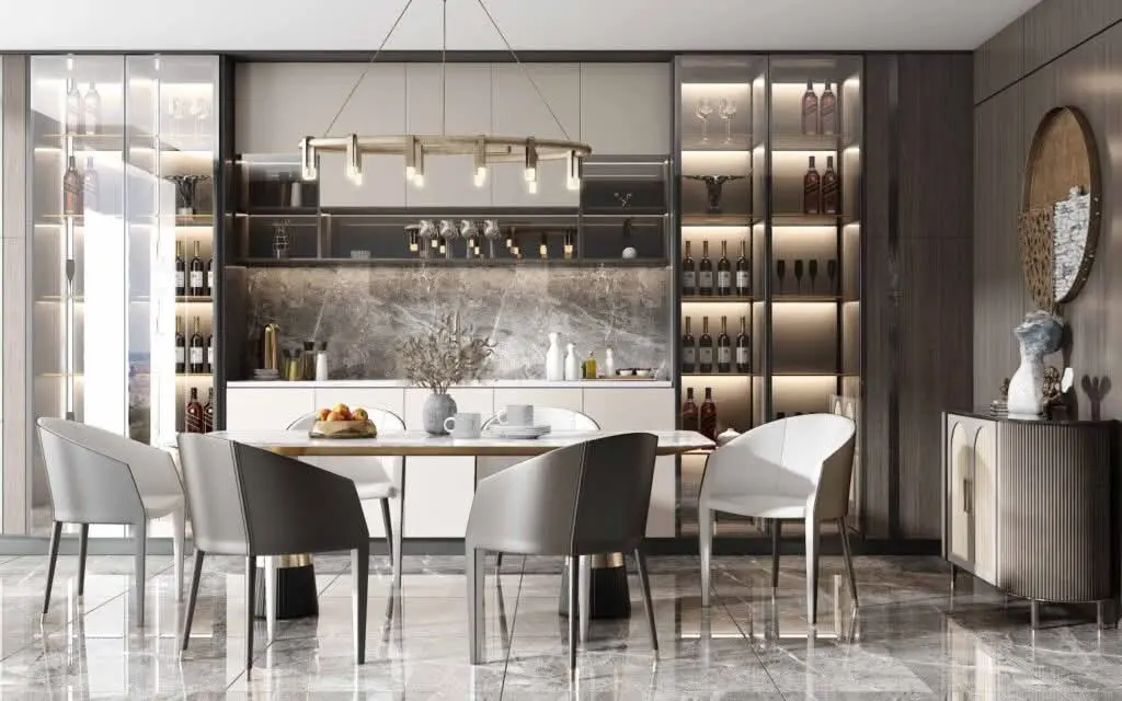 Luxury dining area at Luckinn Ivy Residence with marble finishes, modern lighting and elegant cabinetry in Nairobi apartment