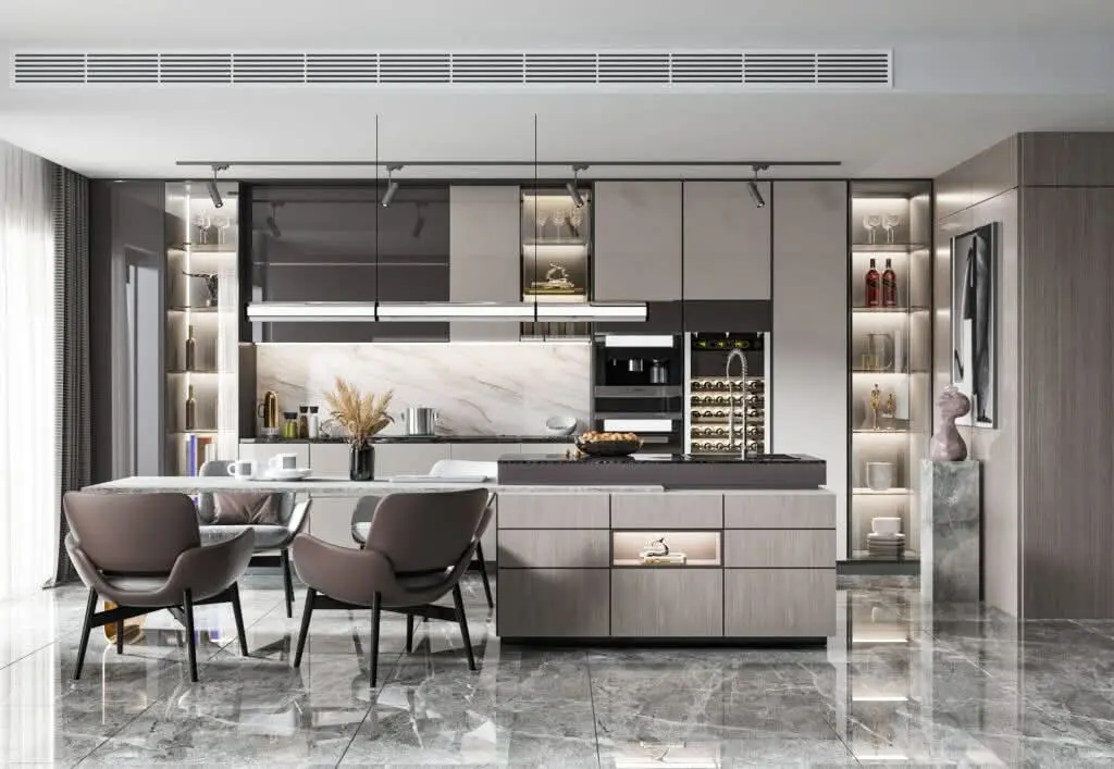 Open plan kitchen at Luckinn Ivy Residence featuring marble backsplash, fitted cabinets and modern appliances in Nairobi