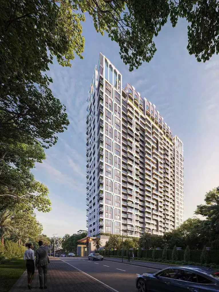 Modern high-rise exterior of Morvara Apartments in Westlands surrounded by mature trees and landscaped streets.