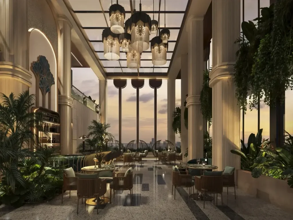 Elegant rooftop sky lounge and dining area at Morvara Apartments overlooking the Nairobi skyline at sunset.