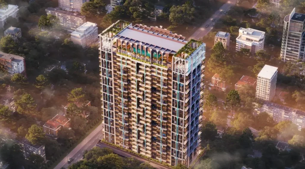 Aerial view of Morvara Apartments Westlands showing luxury residential tower within prime Nairobi neighborhood.