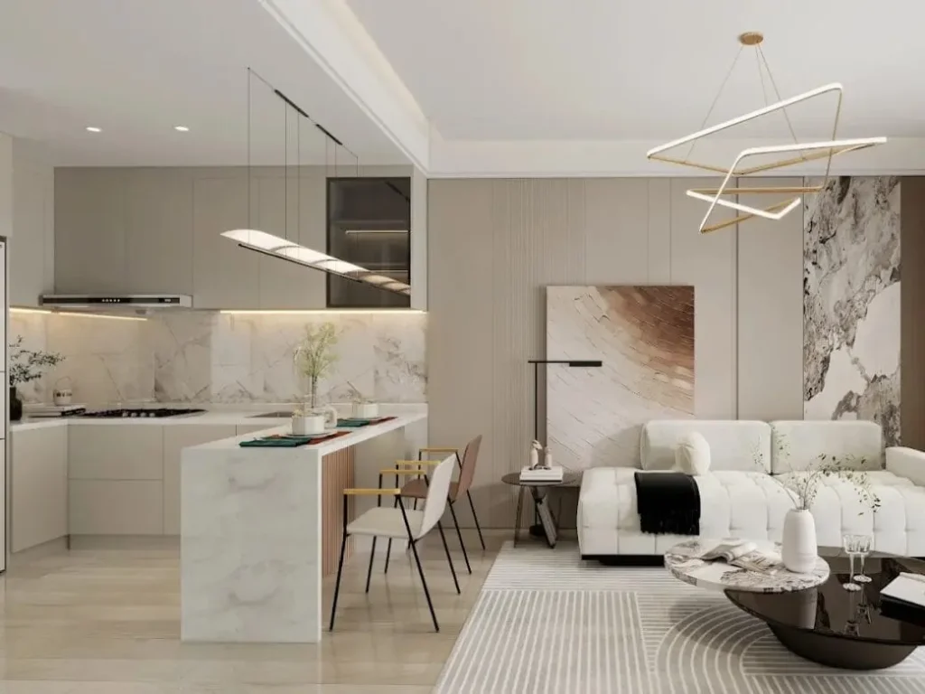Modern open kitchen and living area design inside Capital Heights luxury apartments.