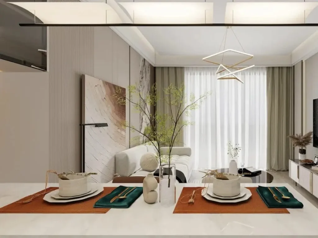 Open plan dining and living area inside Capital Heights luxury apartments with modern finishes.