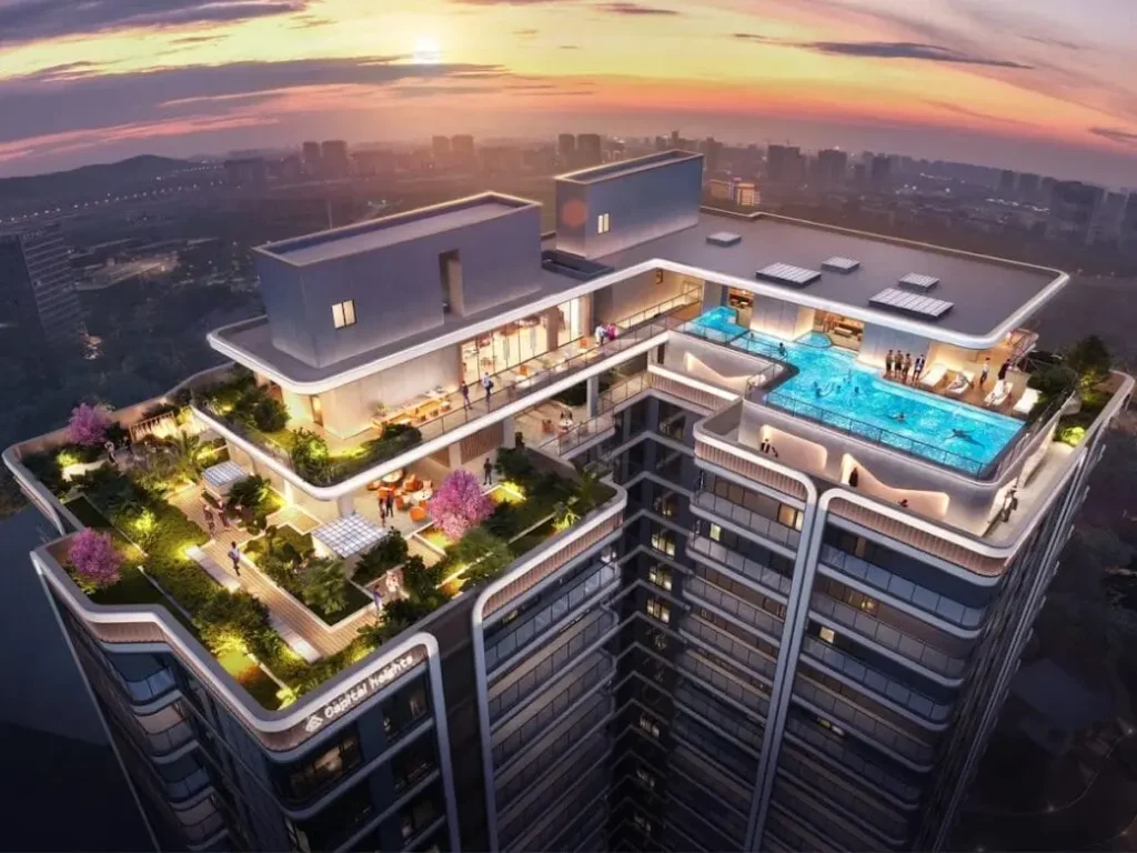 Capital Heights rooftop infinity swimming pool and sky terrace lounge with panoramic city views.