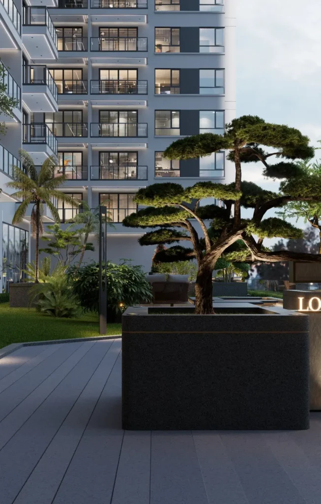 Landscaped garden courtyard at Lovi Crescent Apartments Westlands Nairobi with decorative trees and modern outdoor design