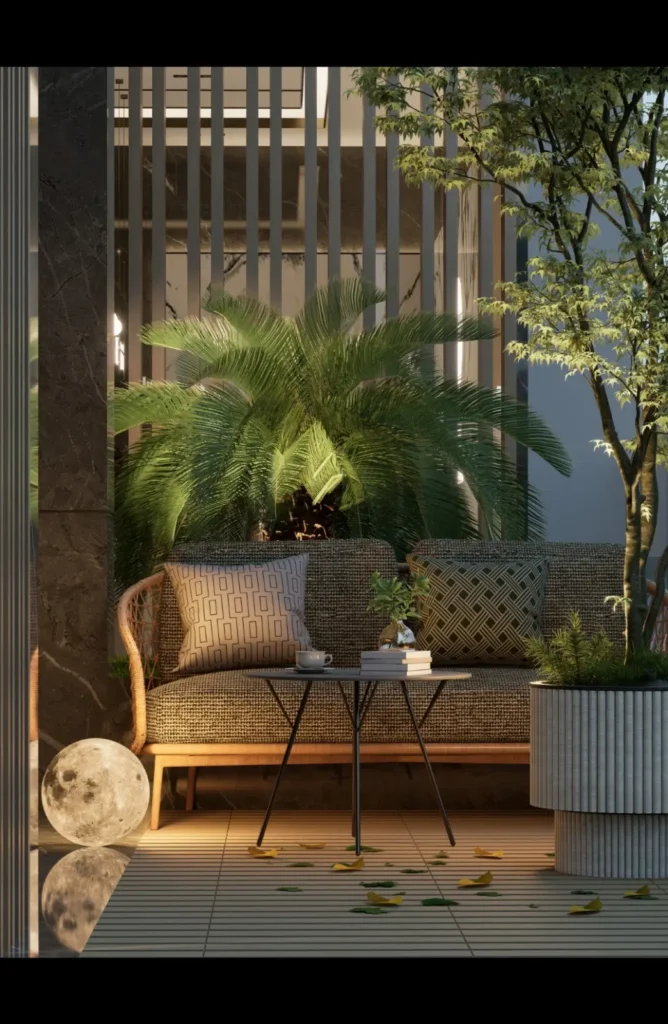 Luxury outdoor lounge seating area at Lovi Crescent Apartments in Westlands Nairobi with modern landscaping and relaxing garden ambiance