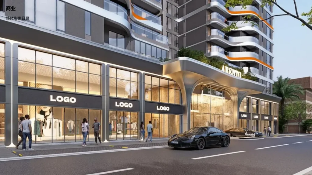 Street-level retail podium and grand arched entrance of Baraka Capital Residency luxury apartment development in Nairobi Kenya
