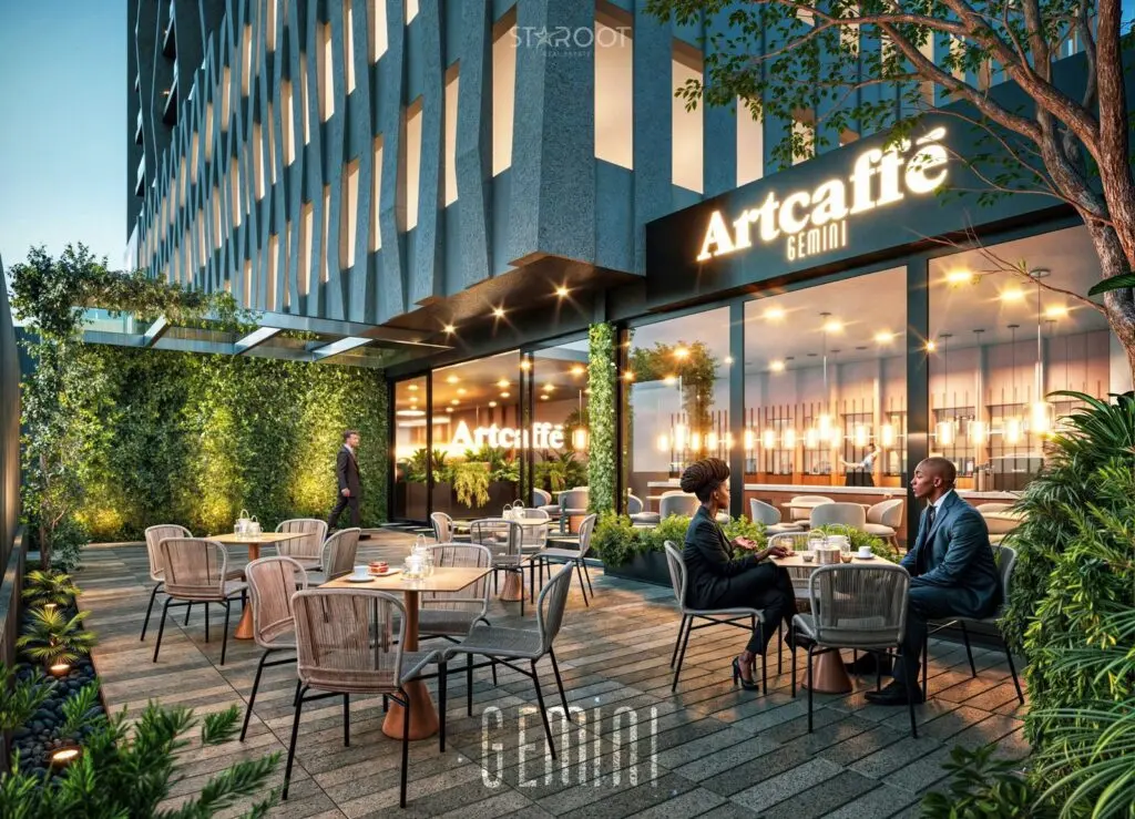 Outdoor lounge and Artcaffe seating area at Gemini Residency Westlands