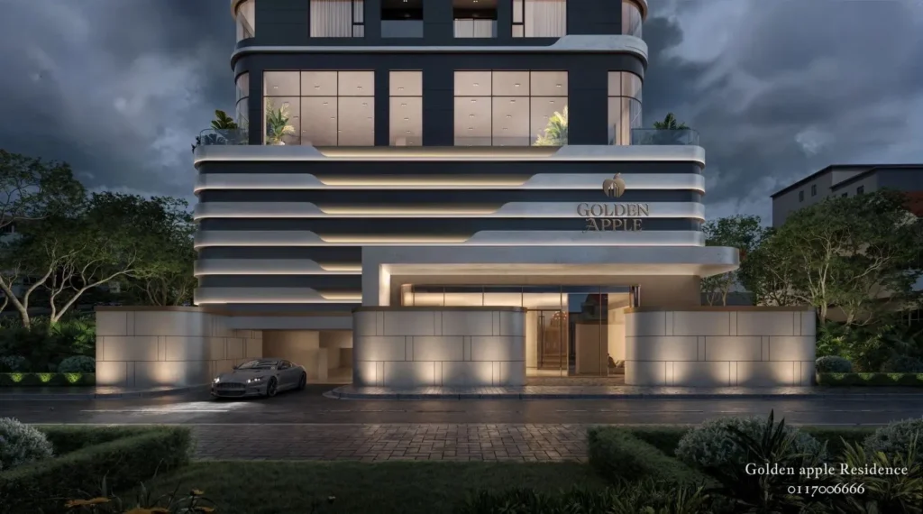 Main entrance exterior of Golden Apple Residence luxury apartments with modern architectural lighting and premium design