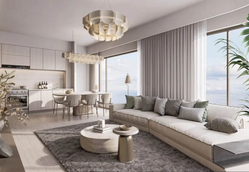 Luxury living room interior at Golden Apple Residence with open-plan design and floor-to-ceiling windows