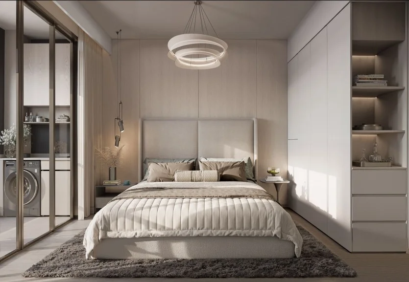 Modern master bedroom interior at Golden Apple Residence with fitted wardrobes and elegant lighting