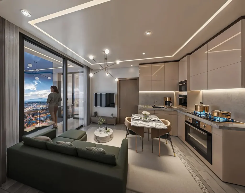 Open-plan luxury kitchen dining and living room with city view balcony in a Luna Oak Residency apartment Kilimani Nairobi