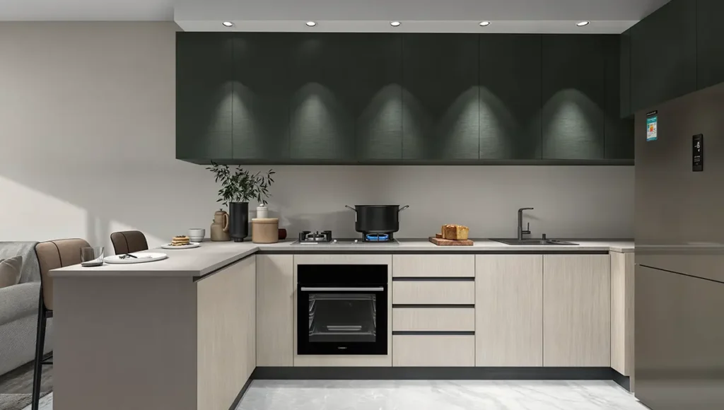 Premium L-shaped fitted kitchen with forest green upper cabinetry light timber lower units and integrated oven in an Oak Breeze Residency apartment Nairobi Kenya