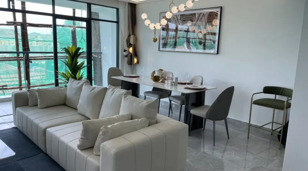 Open plan living and dining area at Riara One Residency apartment in Kilimani Nairobi